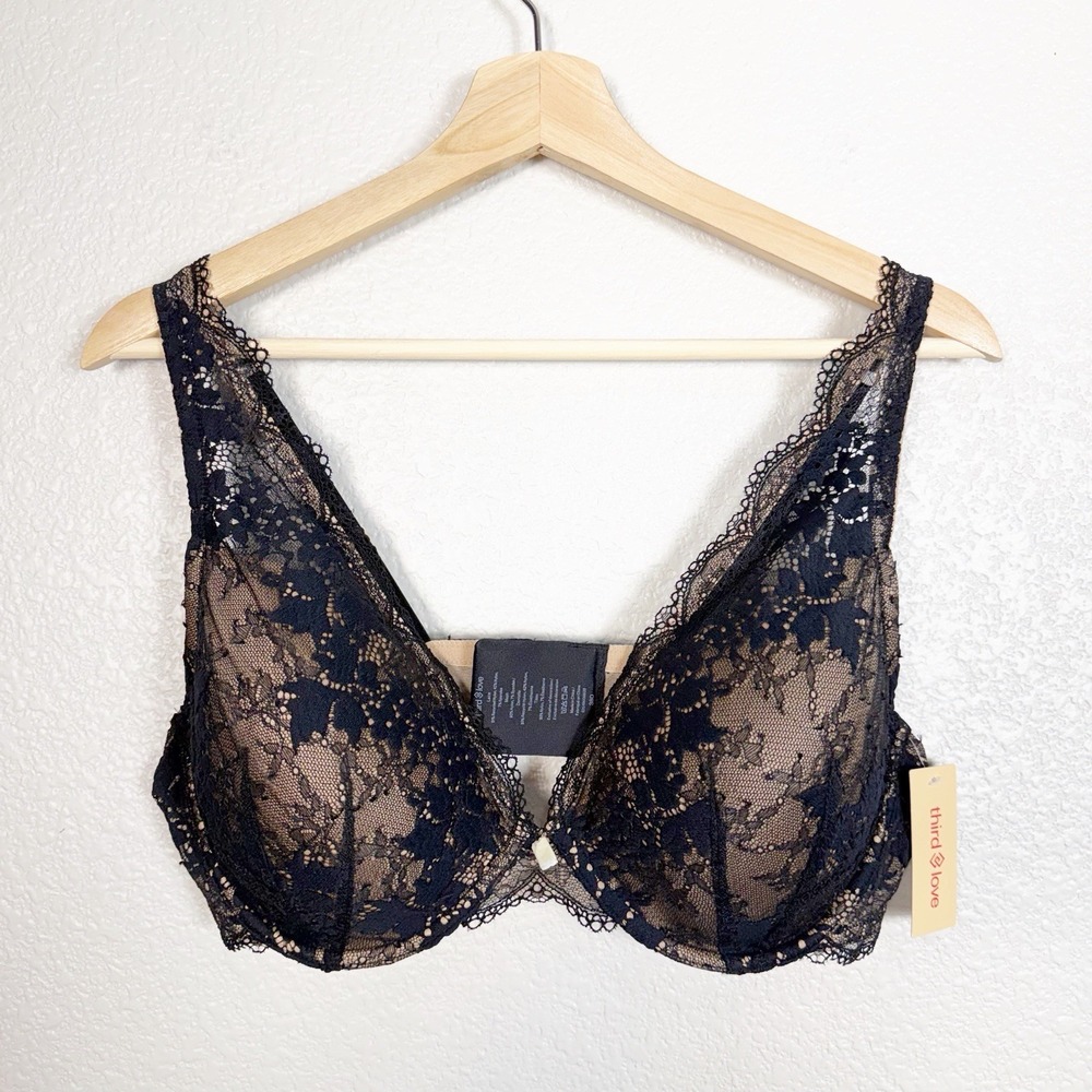 ThirdLove NWT Size 38D Black All Day Lace‎ Uplift Plunge Bra Underwire Padded